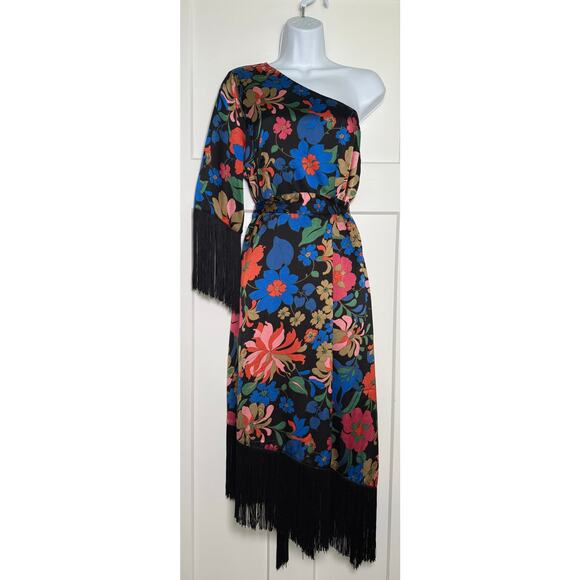 Fate Dress Black Floral with Fringe Blue Orange Pink One‎ Shoulder Sz L - Picture 1 of 13
